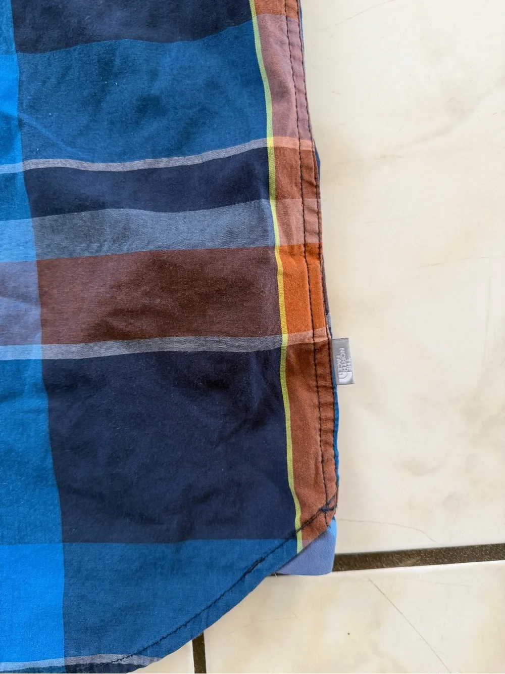 The North Face Blue and Brown Plaid Short-Sleeve Button-Down Shirt